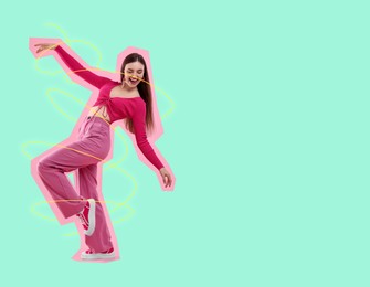 Image of Pop art poster. Beautiful young woman in pink clothes dancing on aquamarine background. Space for text