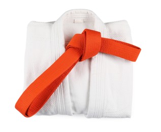 Photo of Martial arts uniform with orange belt isolated on white, top view