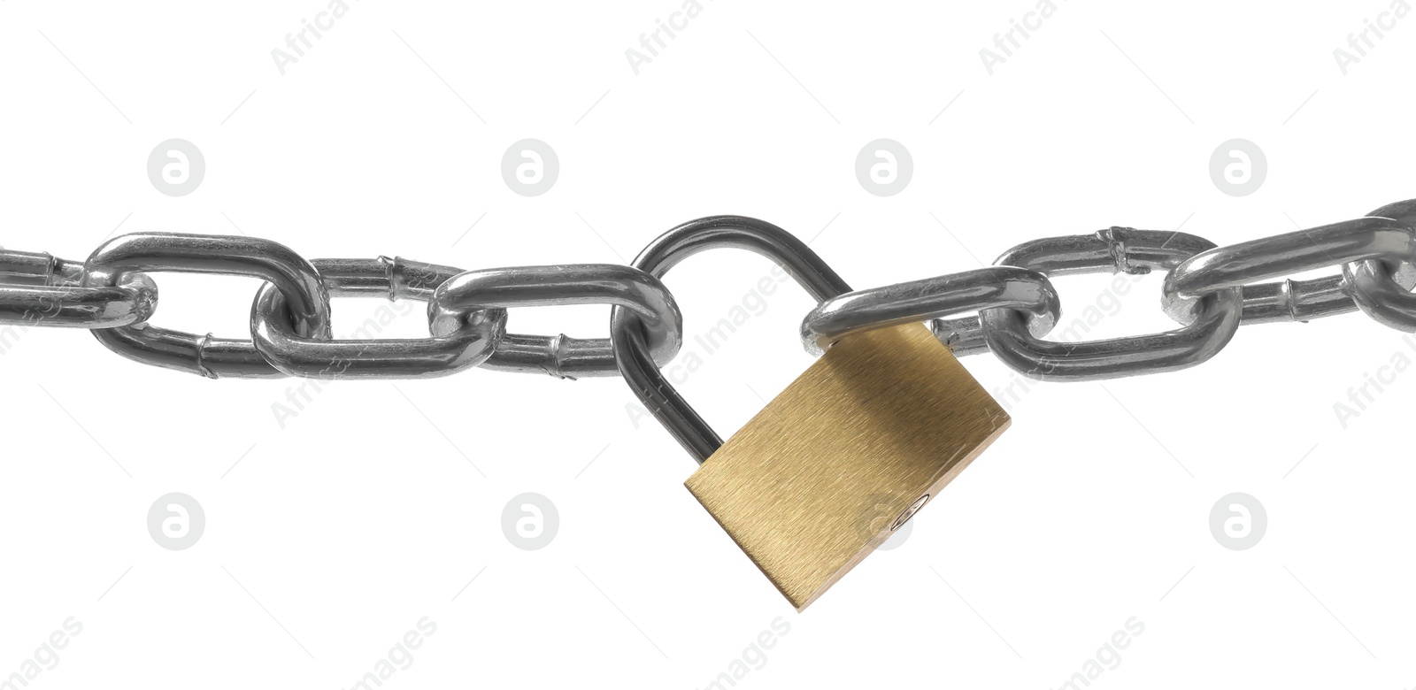 Photo of Steel padlock and chain isolated on white