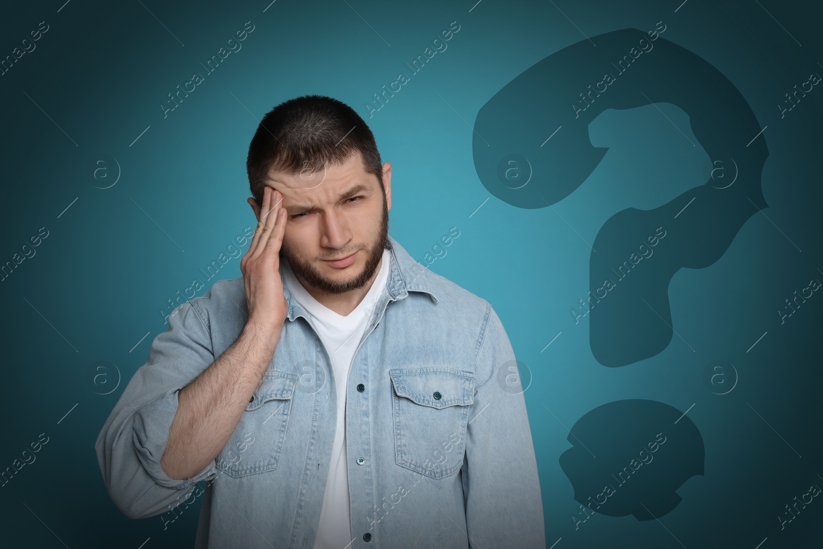 Image of Amnesia concept. Man trying to remember something. Question mark on color background symbolizing memory loss