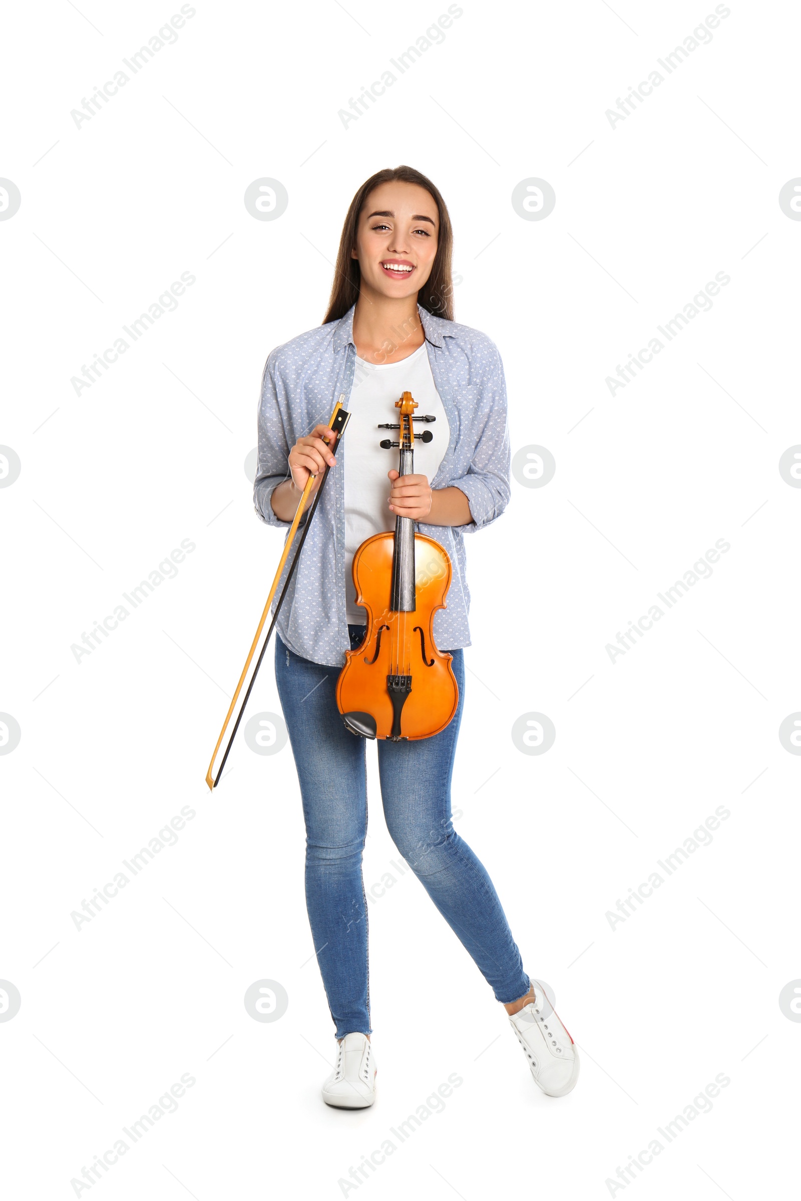 Photo of Beautiful woman with violin on white background