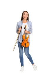 Beautiful woman with violin on white background