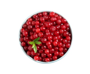 Fresh ripe cranberries with leaves in bowl isolated on white, top view