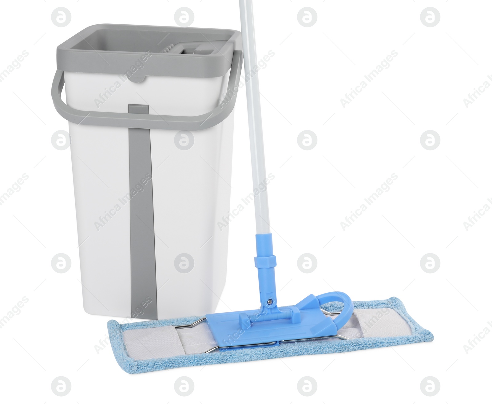 Photo of Mop and plastic bucket isolated on white