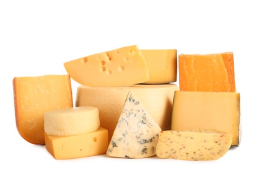 Photo of Composition with different kinds of tasty cheese on white background