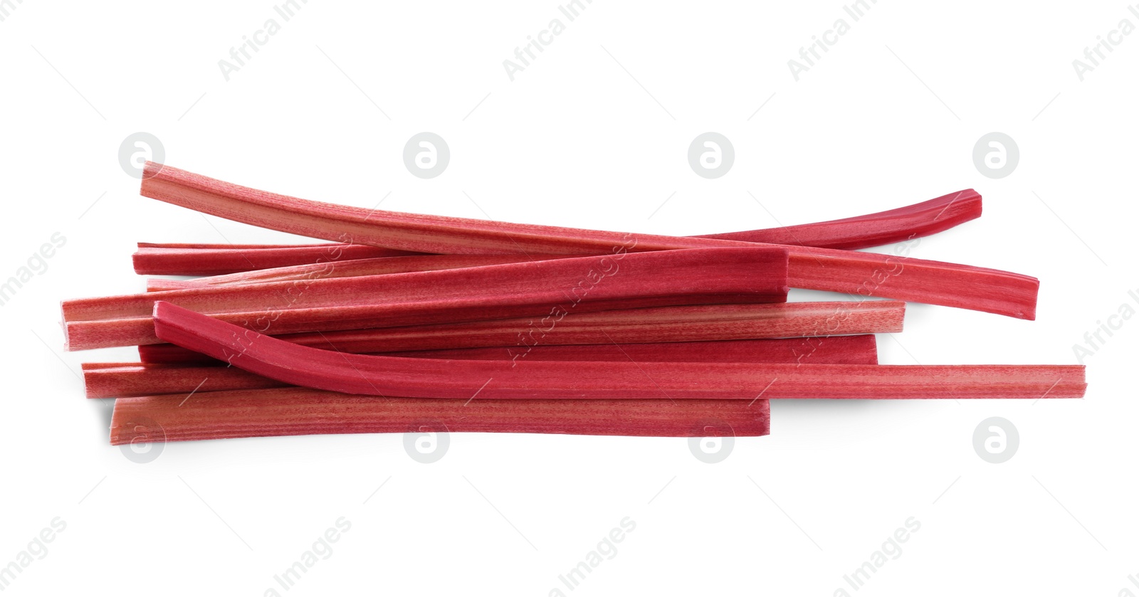 Photo of Fresh rhubarb stalks isolated on white, top view