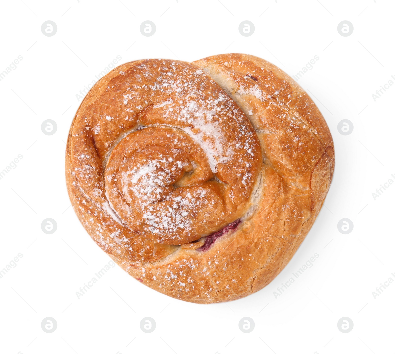 Photo of Delicious roll with jam and powdered sugar isolated on white, top view. Sweet bun