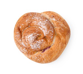 Delicious roll with jam and powdered sugar isolated on white, top view. Sweet bun