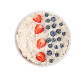 Photo of Tasty boiled oatmeal with berries in bowl isolated on white, top view