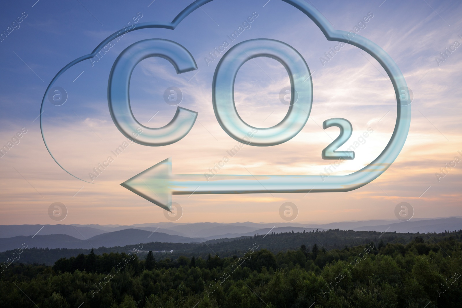 Image of Concept of clear air. CO2 inscription in illustration of cloud with arrow and beautiful mountain landscape