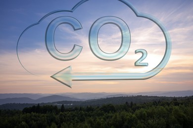 Concept of clear air. CO2 inscription in illustration of cloud with arrow and beautiful mountain landscape