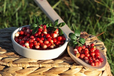 Delicious ripe red lingonberries in bowl and wooden spoon on wicker basket outdoors