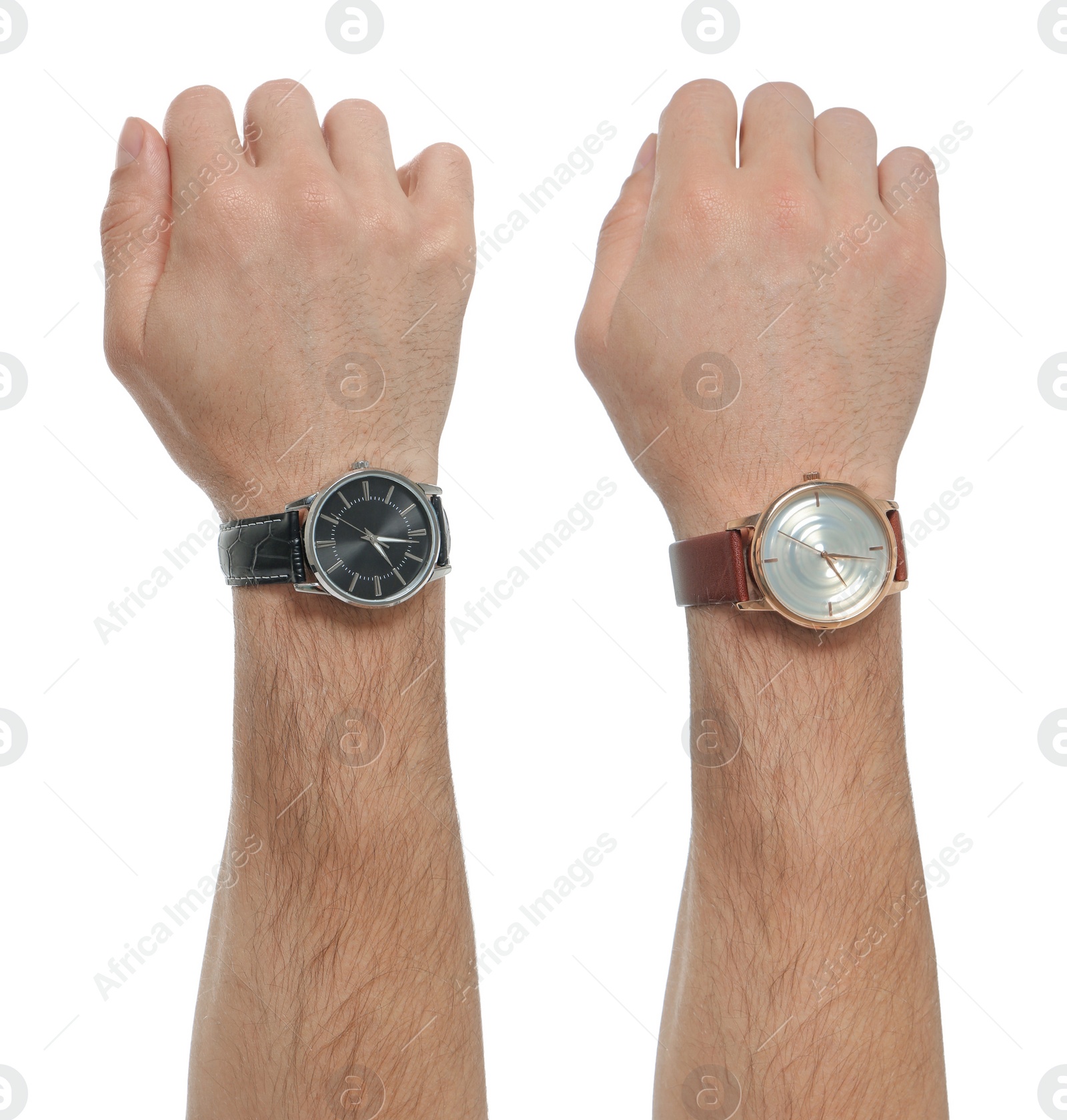 Image of Collage with photos of men wearing wristwatches on white background, closeup