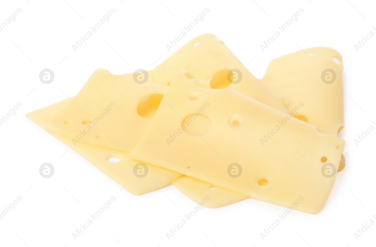 Photo of Slices of tasty fresh cheese isolated on white