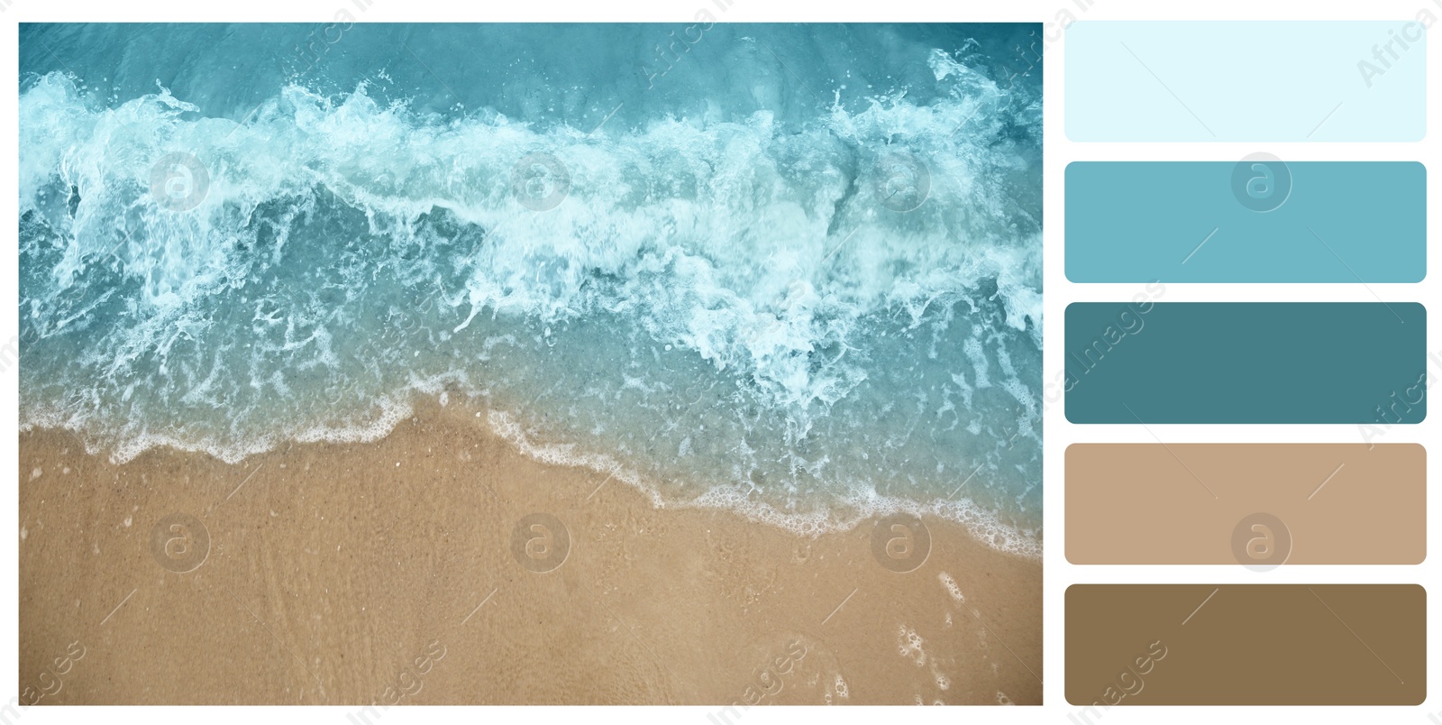 Image of Color palette appropriate to photo of sandy beach and sea, top view