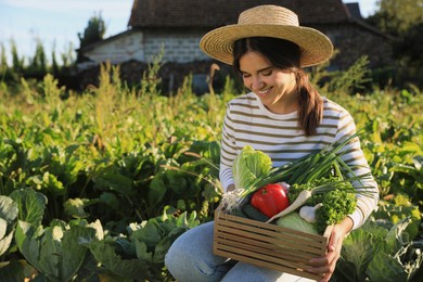 Photo of Woman harvesting different fresh ripe vegetables on farm. Space for text