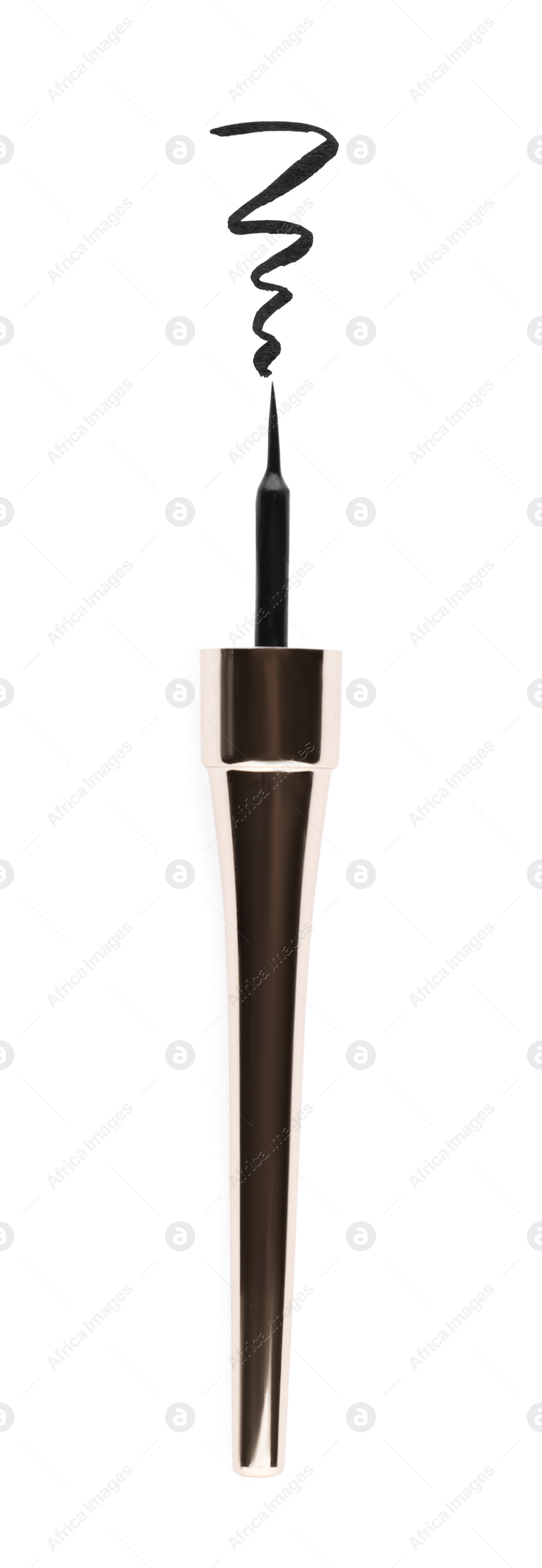 Photo of Black eyeliner and stroke on white background, top view. Makeup product