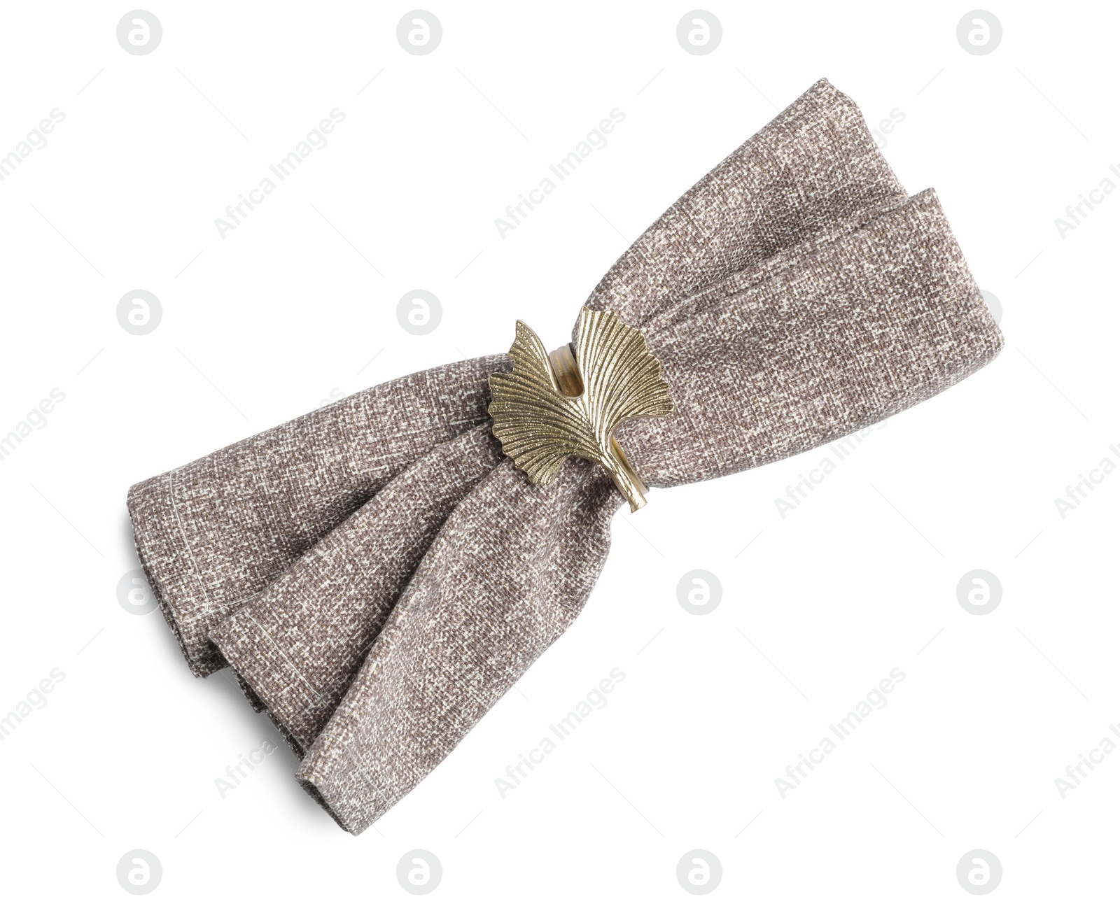 Photo of Fabric napkin with decorative ring for table setting on white background, top view