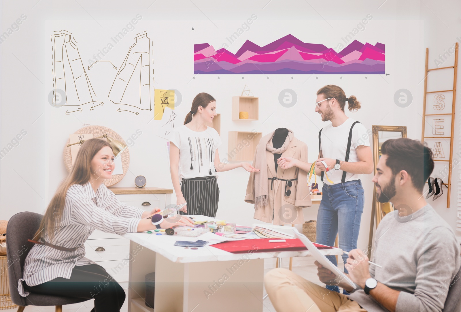 Image of Fashion designers creating new clothes in studio and illustration of colorful graphs 