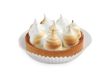 Photo of Tartlet with lemon curd and meringue isolated on white. Delicious dessert