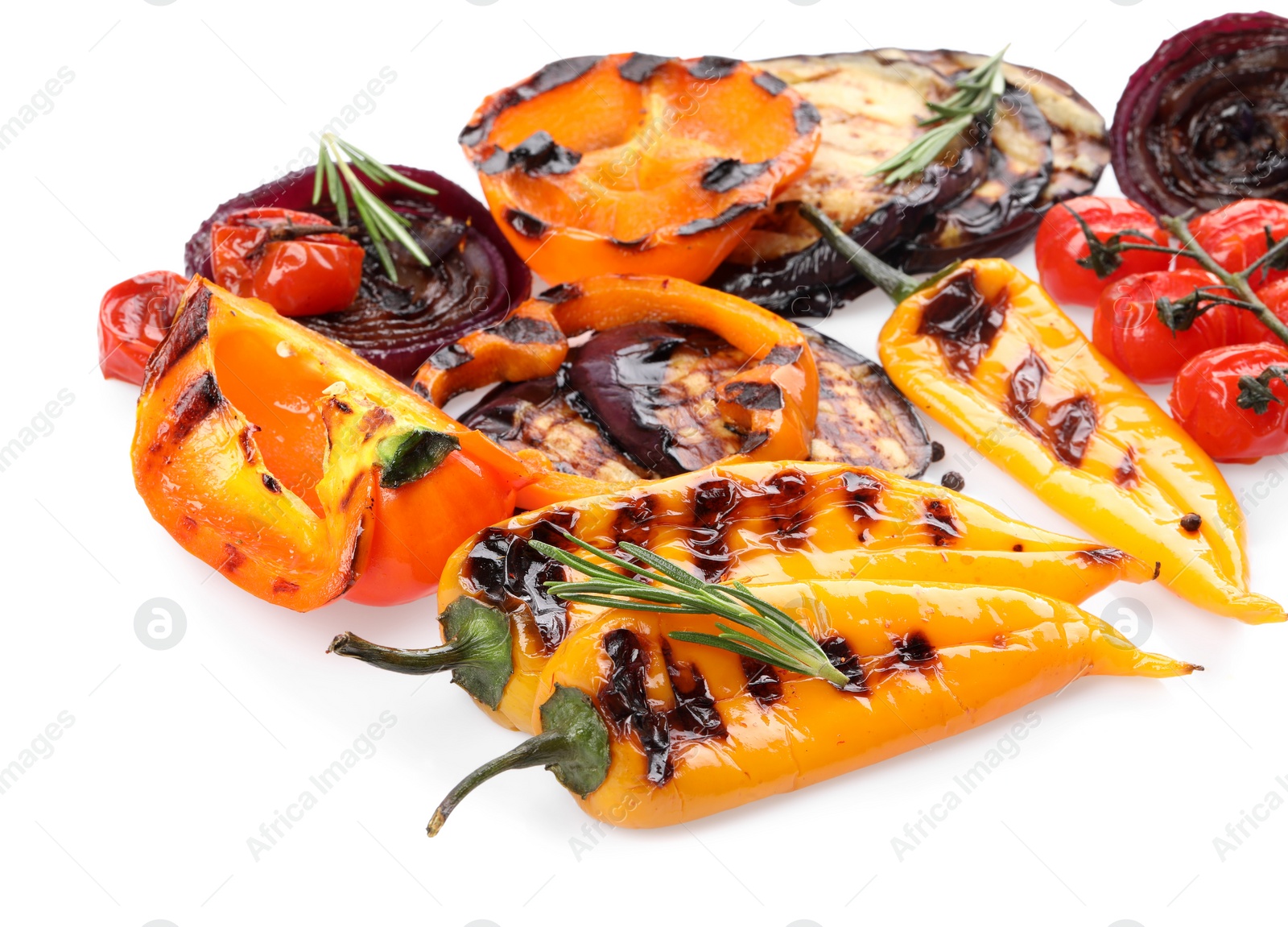 Photo of Different delicious grilled vegetables isolated on white