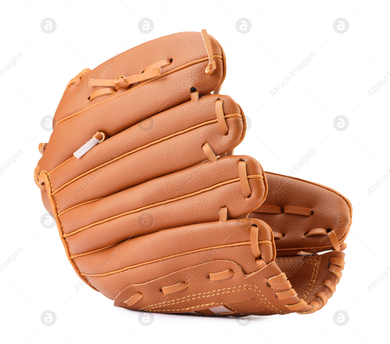 Photo of Brown baseball glove isolated on white. Sports equipment