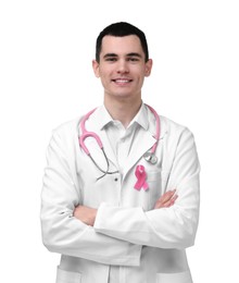 Photo of Portrait of smiling mammologist with pink ribbon and stethoscope on white background. Breast cancer awareness