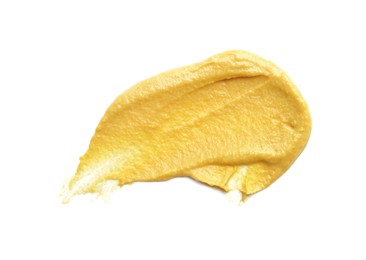 Photo of Smear of delicious mustard isolated on white, top view