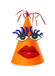 Photo of Funny party hat with eyes and lips isolated on white. Handmade decorations