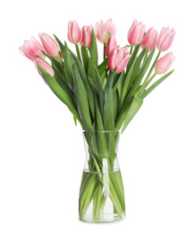 Photo of Beautiful pink spring tulips in vase isolated on white