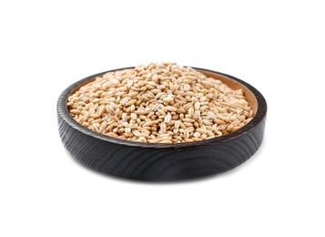 Dry pearl barley in bowl isolated on white