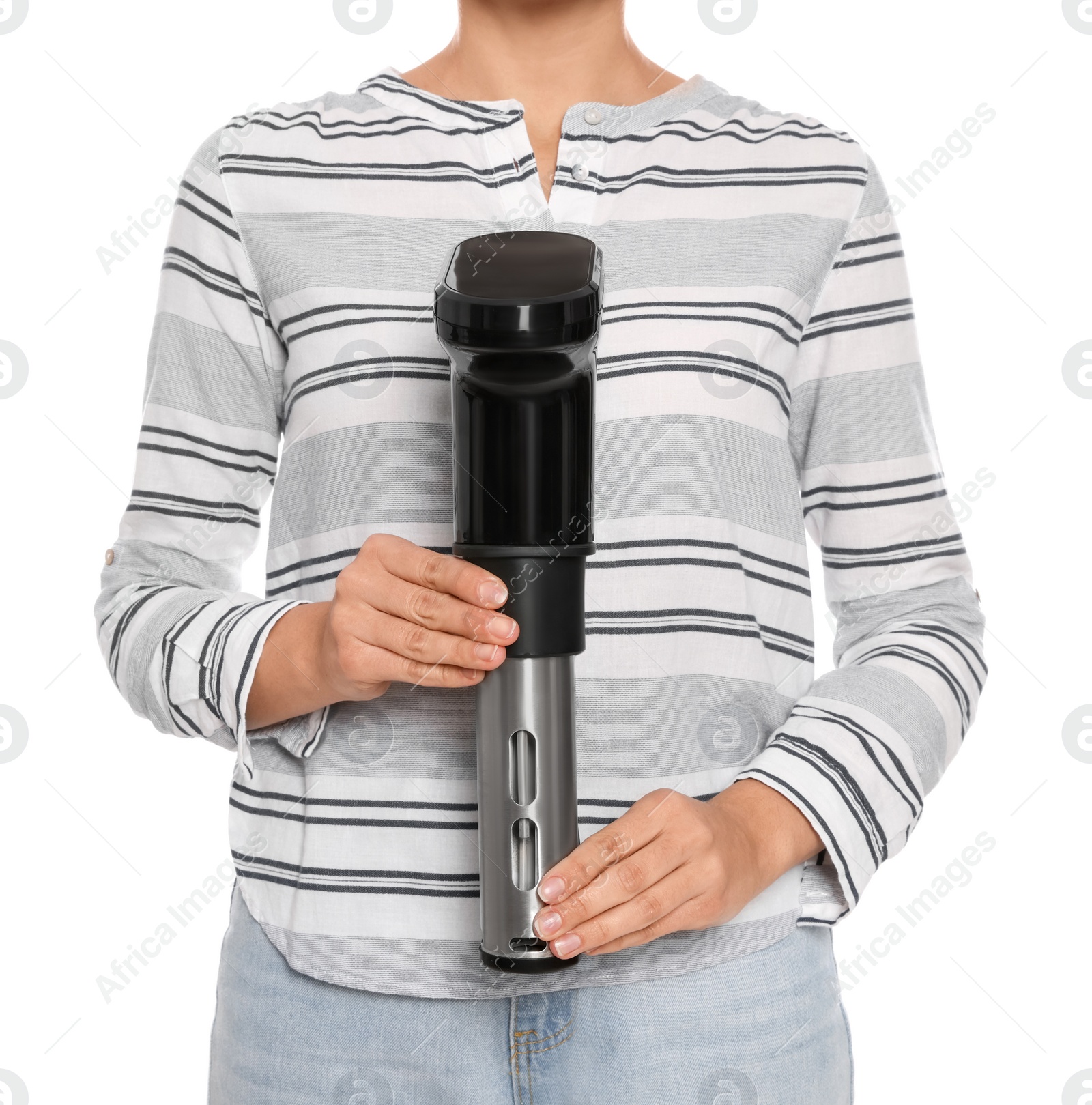 Photo of Woman holding sous vide cooker on white background, closeup