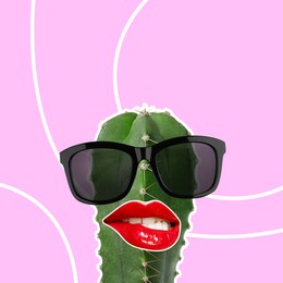 Image of Stylish art collage. Cactus with sunglasses biting lip on pink background