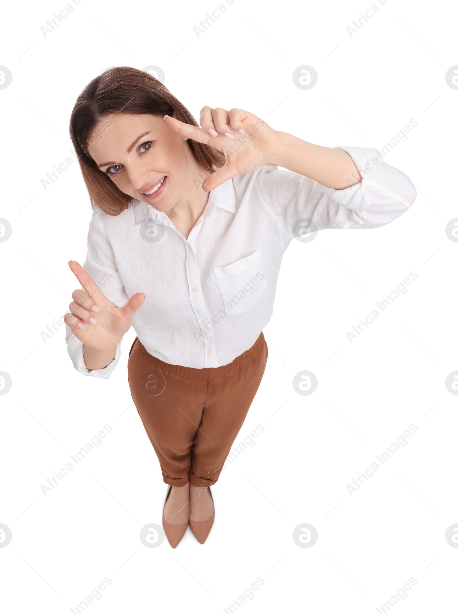 Photo of Beautiful businesswoman on white background, above view