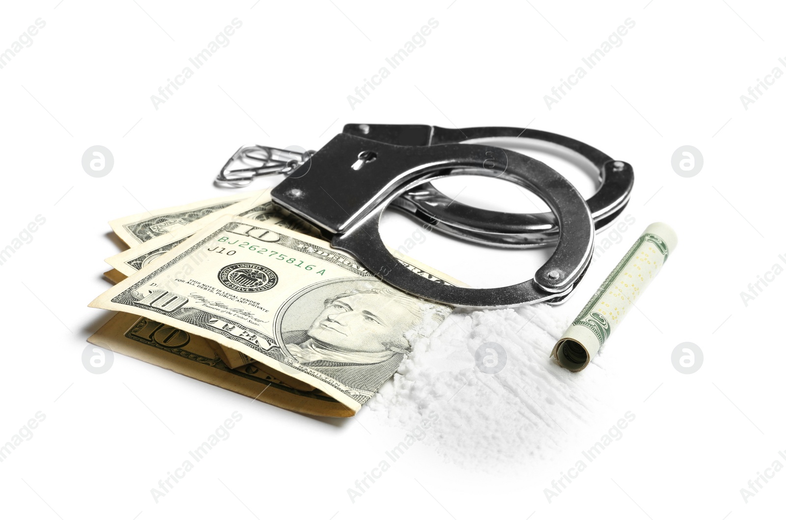 Photo of Cocaine, money bills and handcuffs on white background