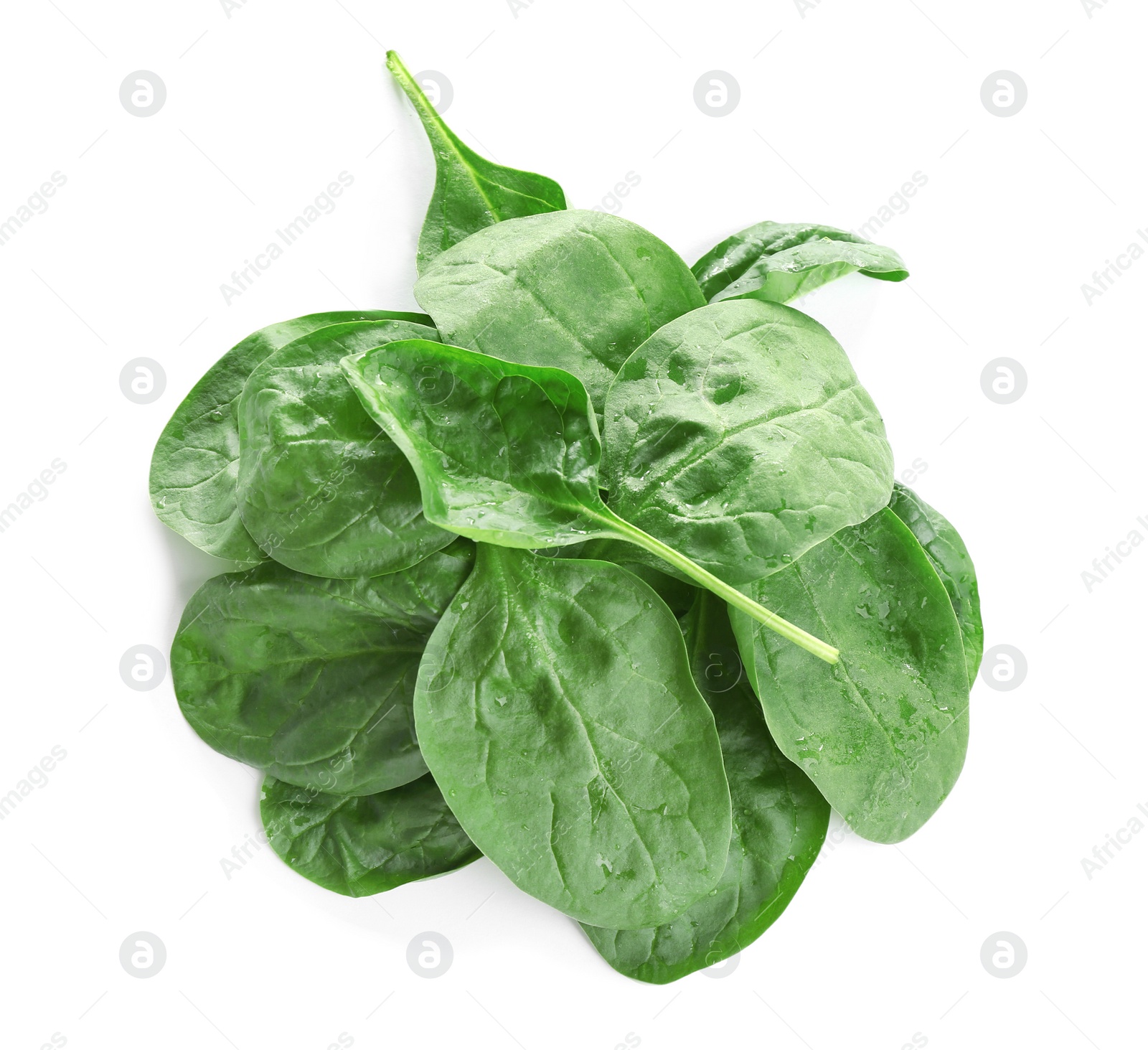 Photo of Heap of fresh green healthy baby spinach leaves isolated on white, top view