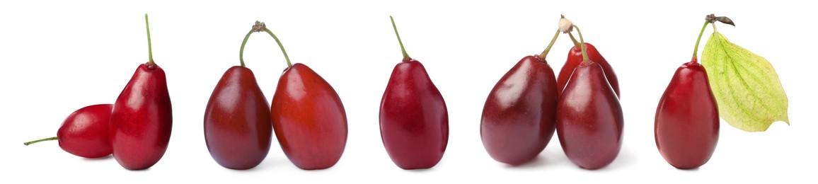 Image of Set of ripe red dogwood berries on white background, banner design