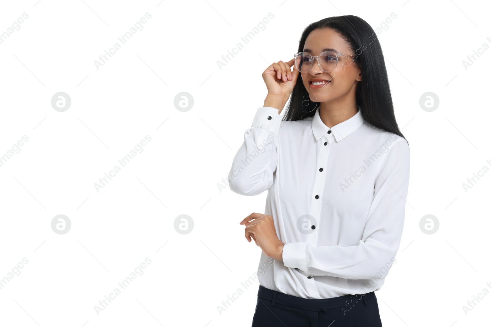 Photo of Portrait of beautiful secretary on white background