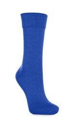 Photo of Blue sock isolated on white. Footwear accessory