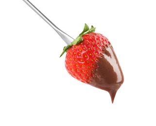 Strawberry with melted chocolate on fondue fork against white background