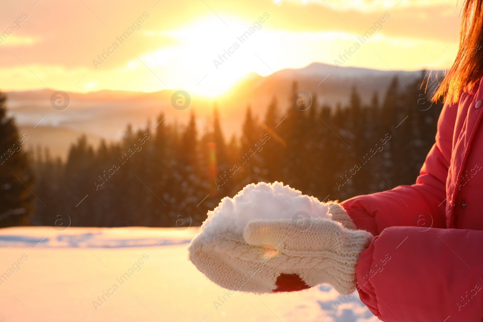 Photo of Woman holding pile of snow outdoors, closeup. Winter vacation