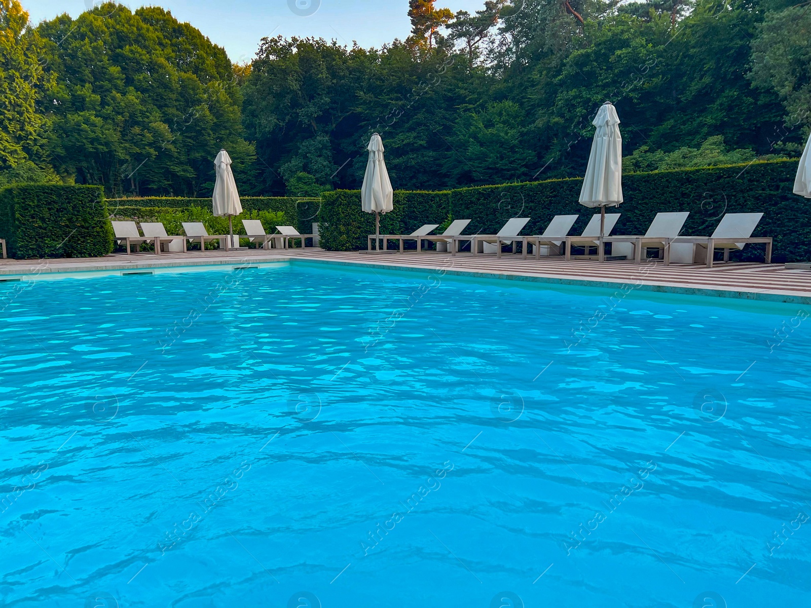 Photo of Outdoor swimming pool in luxury hotel on sunny summer day. Time for relax