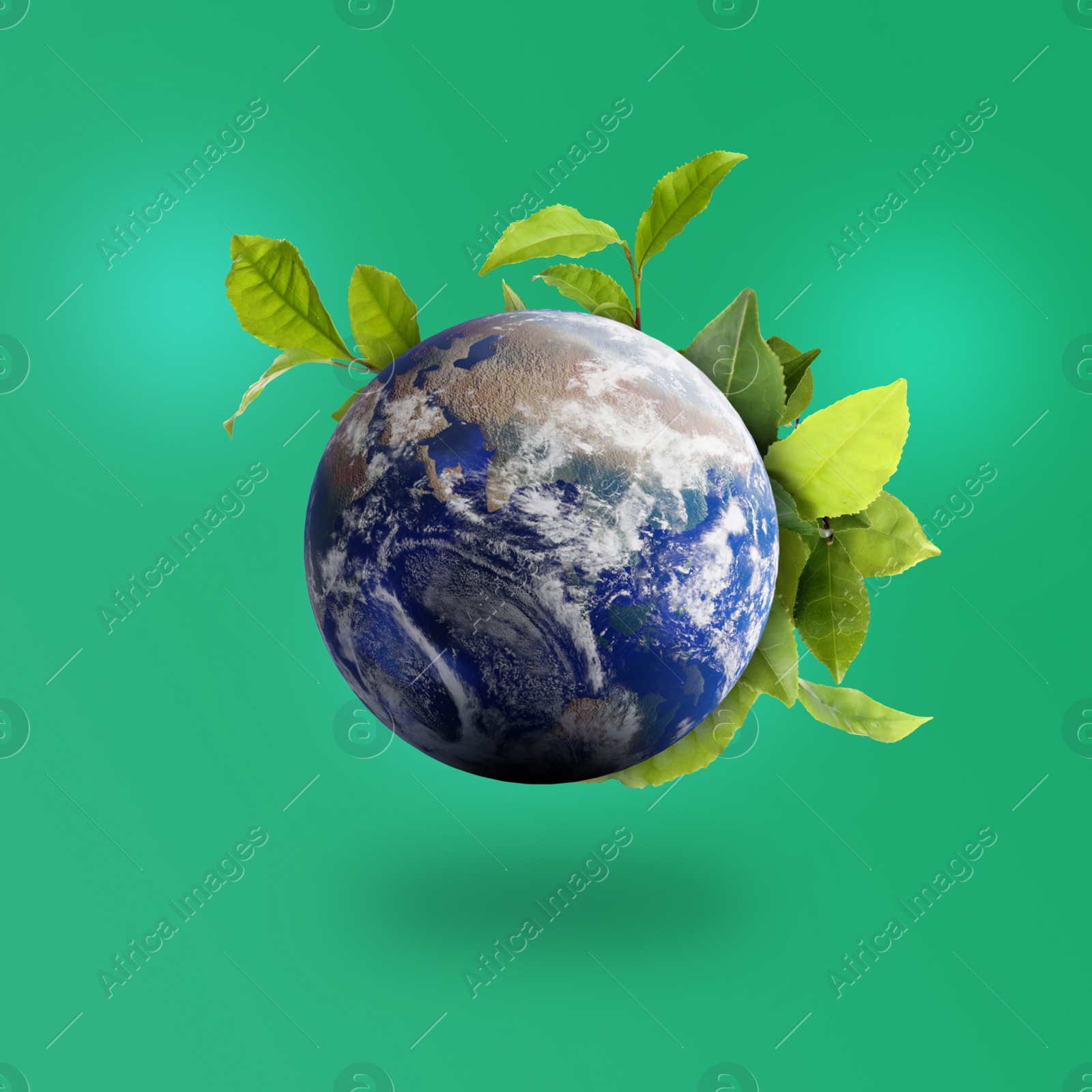 Image of Recycling concept. Earth planet with green leaves on color background