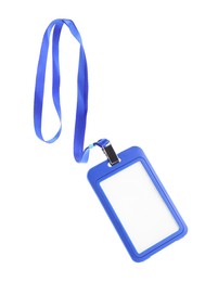 Photo of Blank blue badge with string isolated on white