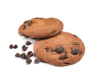 Delicious chocolate chip cookies on white background