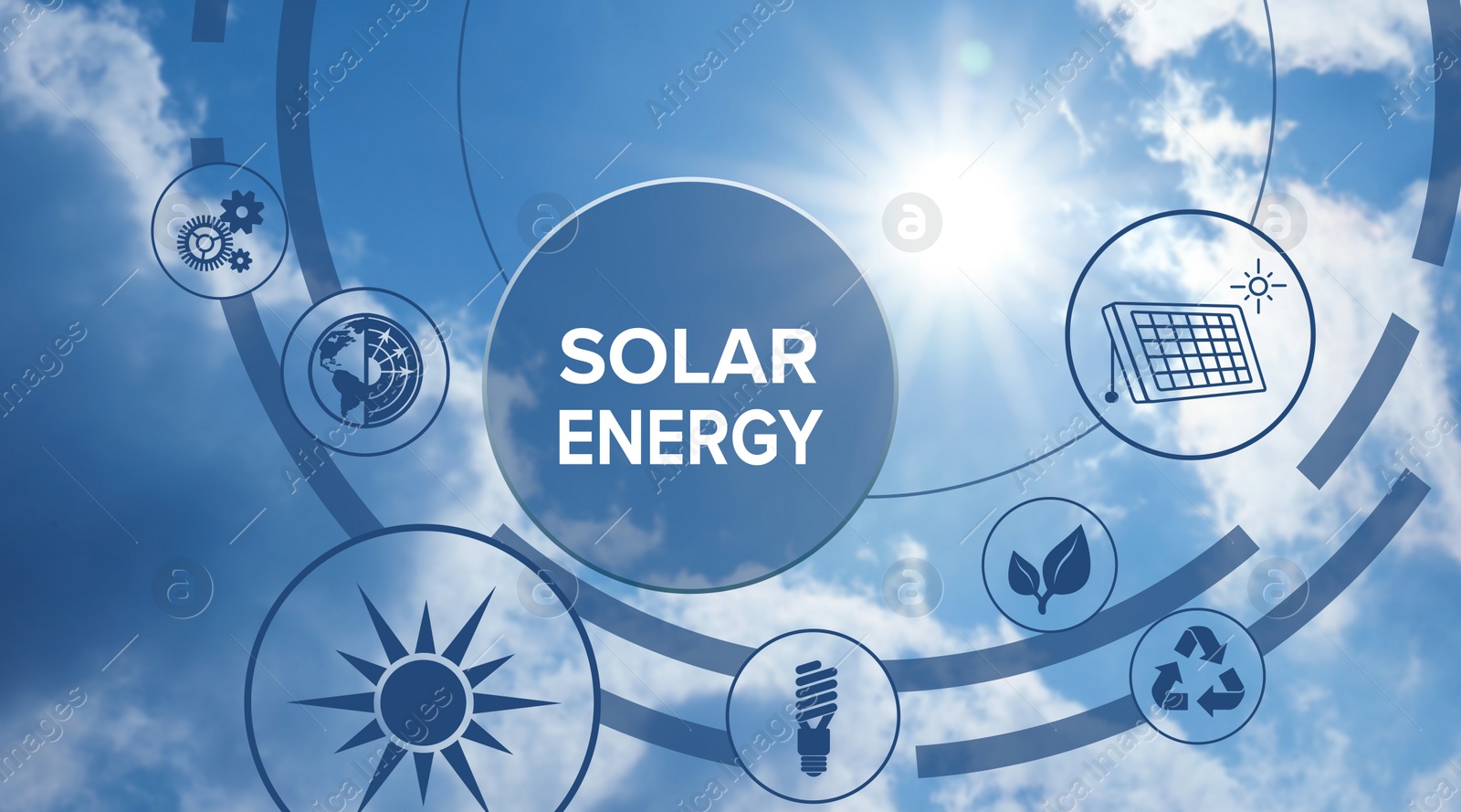 Image of Solar energy concept. Scheme with icons and sky on background