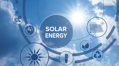 Image of Solar energy concept. Scheme with icons and sky on background