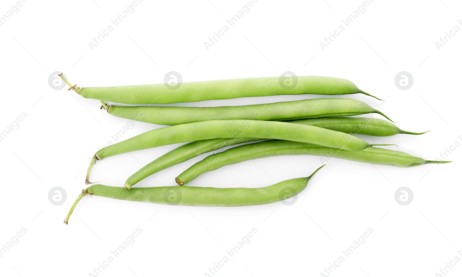 Photo of Fresh green beans on white background, top view