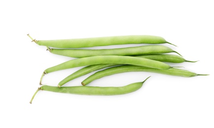 Fresh green beans on white background, top view