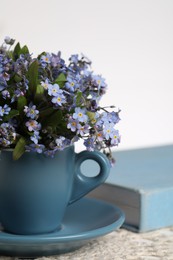 Beautiful forget-me-not flowers in cup, book and crochet tablecloth on table against white background, closeup